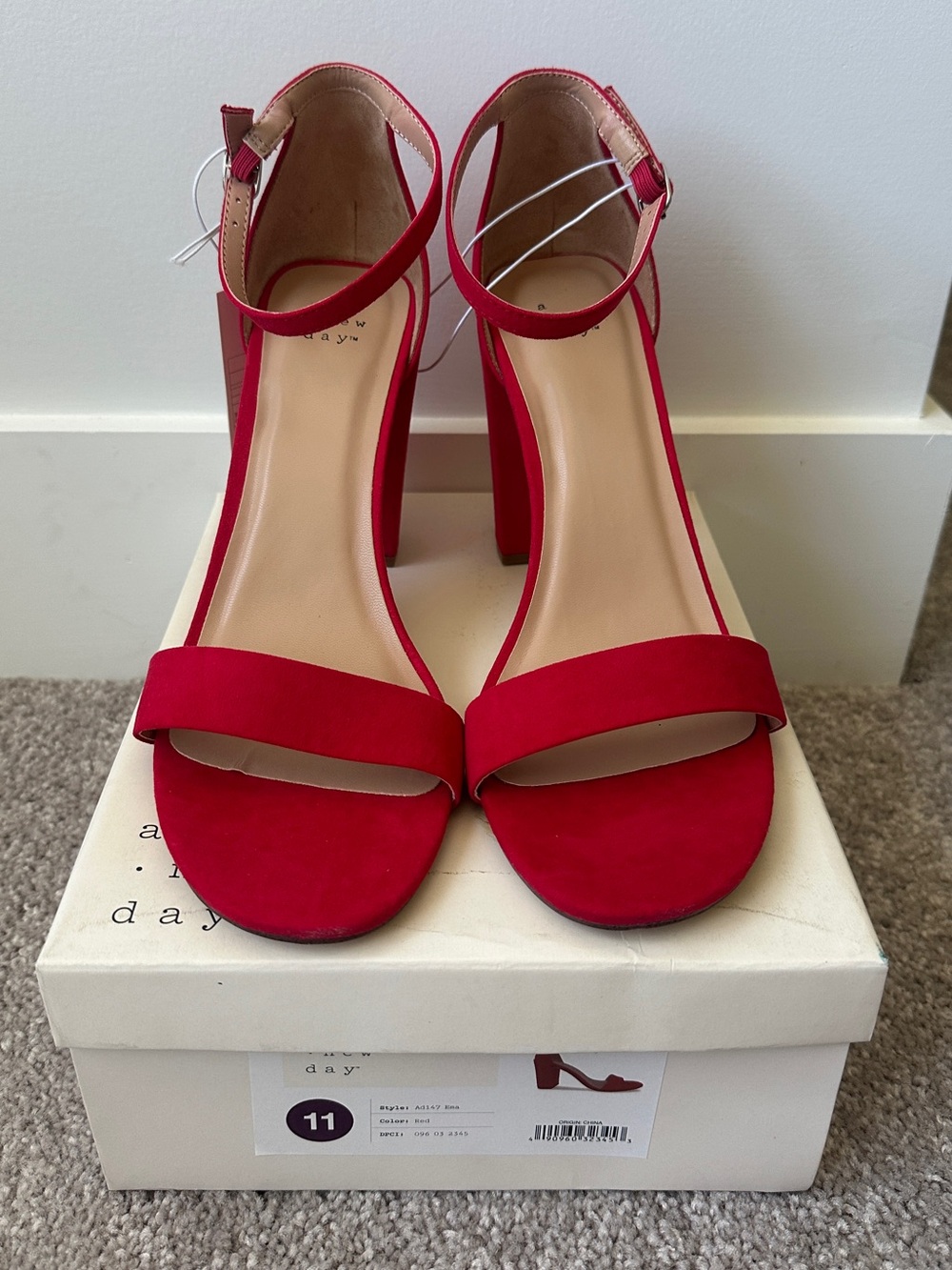 A New Day - Ema Red Faux Suede Ankle-Strap Block Heel Sandals Size 11